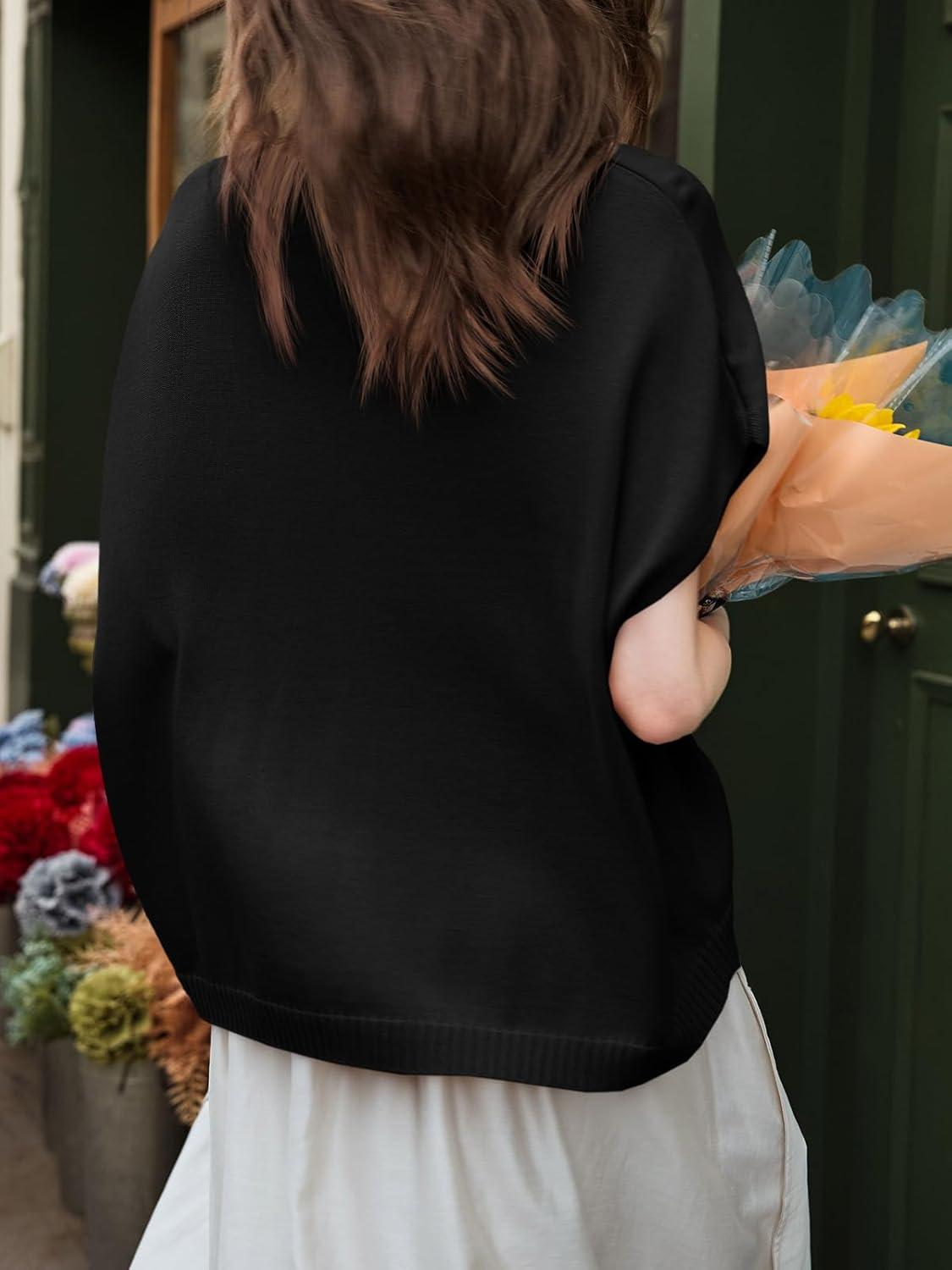 image:imageSaodimallsu Womens Spring Oversized Cardigans Batwing Short Sleeve Lightweight Button V Neck Casual Knit Sweater TopsBlack