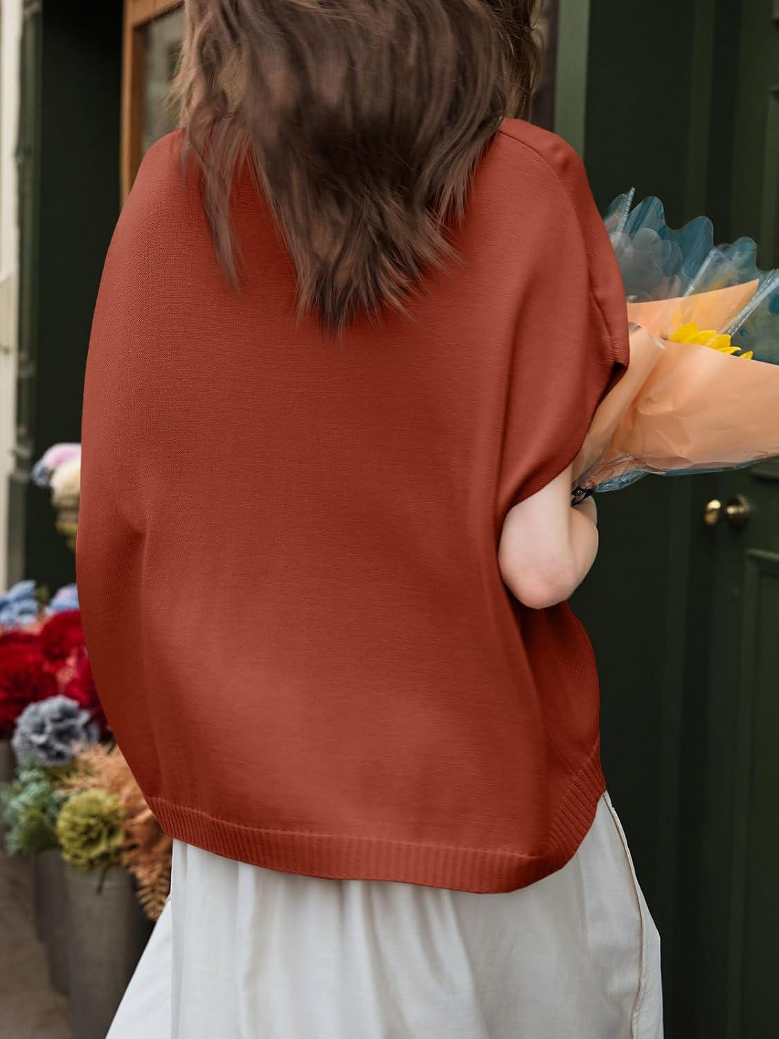 image:imageSaodimallsu Womens Spring Oversized Cardigans Batwing Short Sleeve Lightweight Button V Neck Casual Knit Sweater TopsBrick Red
