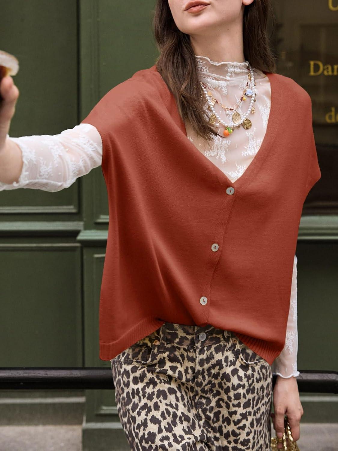 image:imageSaodimallsu Womens Spring Oversized Cardigans Batwing Short Sleeve Lightweight Button V Neck Casual Knit Sweater TopsBrick Red