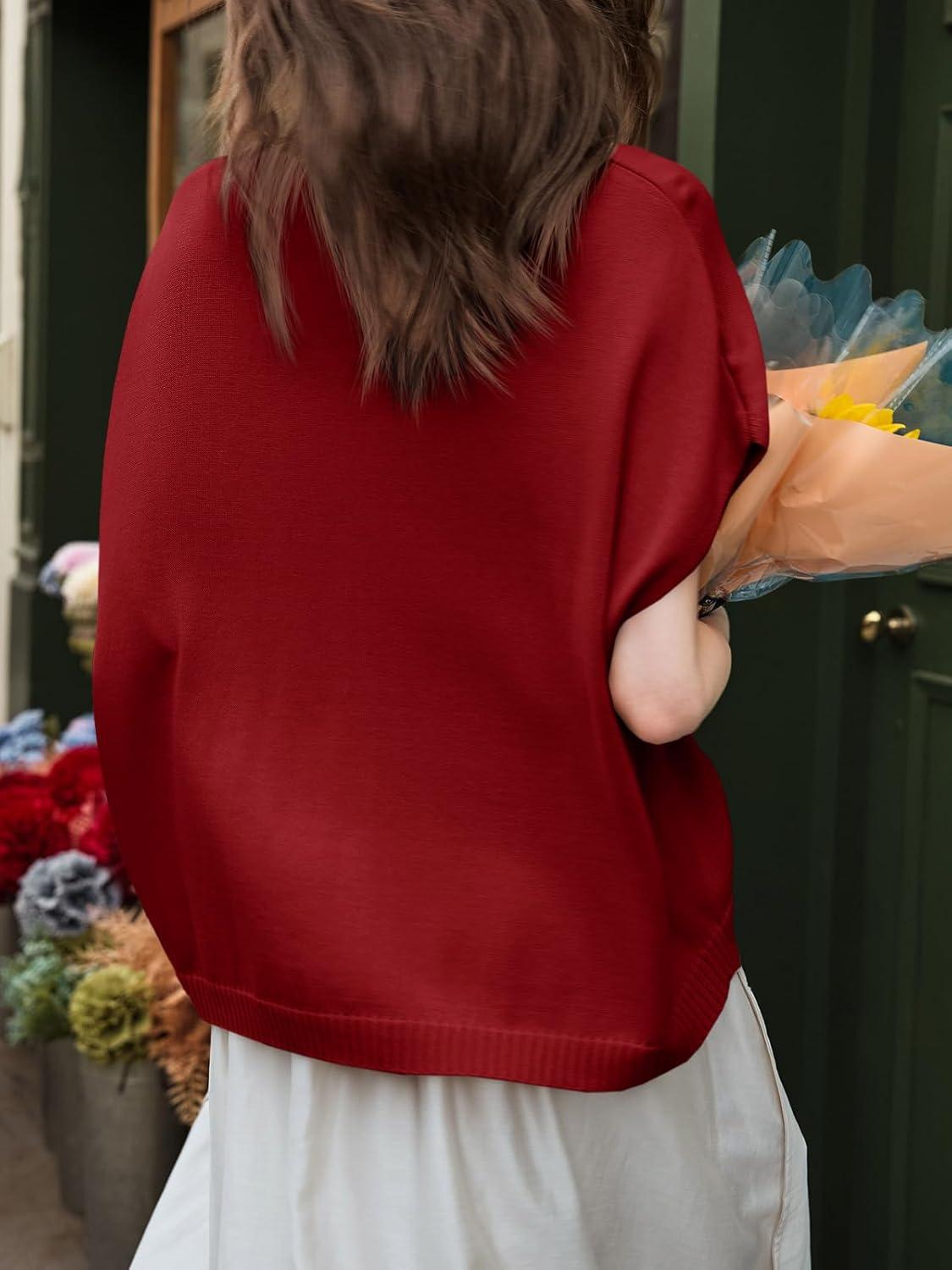 image:imageSaodimallsu Womens Spring Oversized Cardigans Batwing Short Sleeve Lightweight Button V Neck Casual Knit Sweater TopsBurgundy