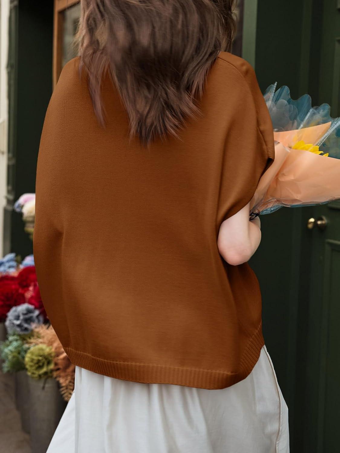 image:imageSaodimallsu Womens Spring Oversized Cardigans Batwing Short Sleeve Lightweight Button V Neck Casual Knit Sweater TopsCamel