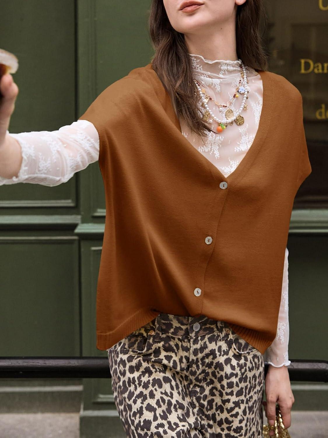 image:imageSaodimallsu Womens Spring Oversized Cardigans Batwing Short Sleeve Lightweight Button V Neck Casual Knit Sweater TopsCamel