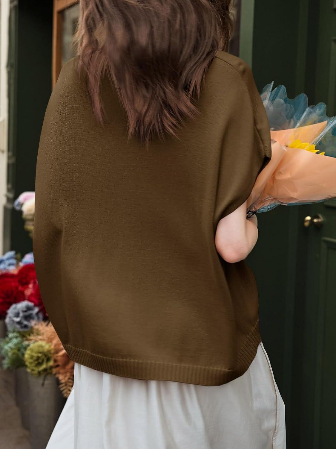 image:imageSaodimallsu Womens Spring Oversized Cardigans Batwing Short Sleeve Lightweight Button V Neck Casual Knit Sweater TopsCoffee