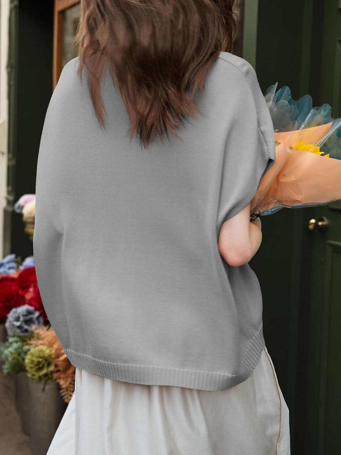 image:imageSaodimallsu Womens Spring Oversized Cardigans Batwing Short Sleeve Lightweight Button V Neck Casual Knit Sweater TopsGray