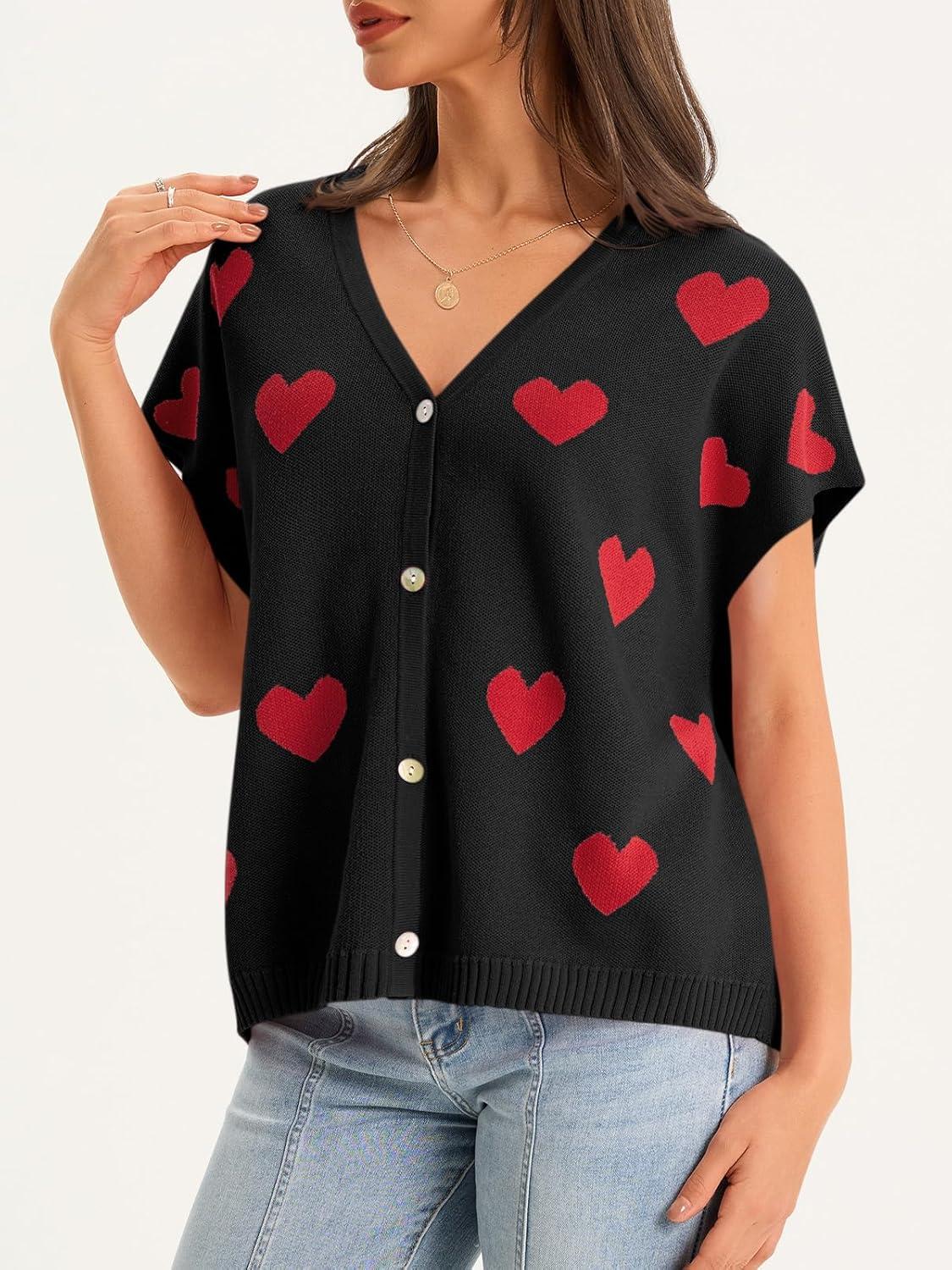 image:imageSaodimallsu Womens Spring Oversized Cardigans Batwing Short Sleeve Lightweight Button V Neck Casual Knit Sweater TopsHeartblack
