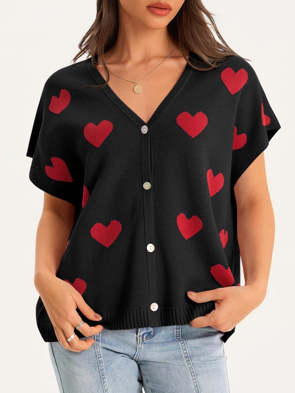 image:imageSaodimallsu Womens Spring Oversized Cardigans Batwing Short Sleeve Lightweight Button V Neck Casual Knit Sweater TopsHeartblack