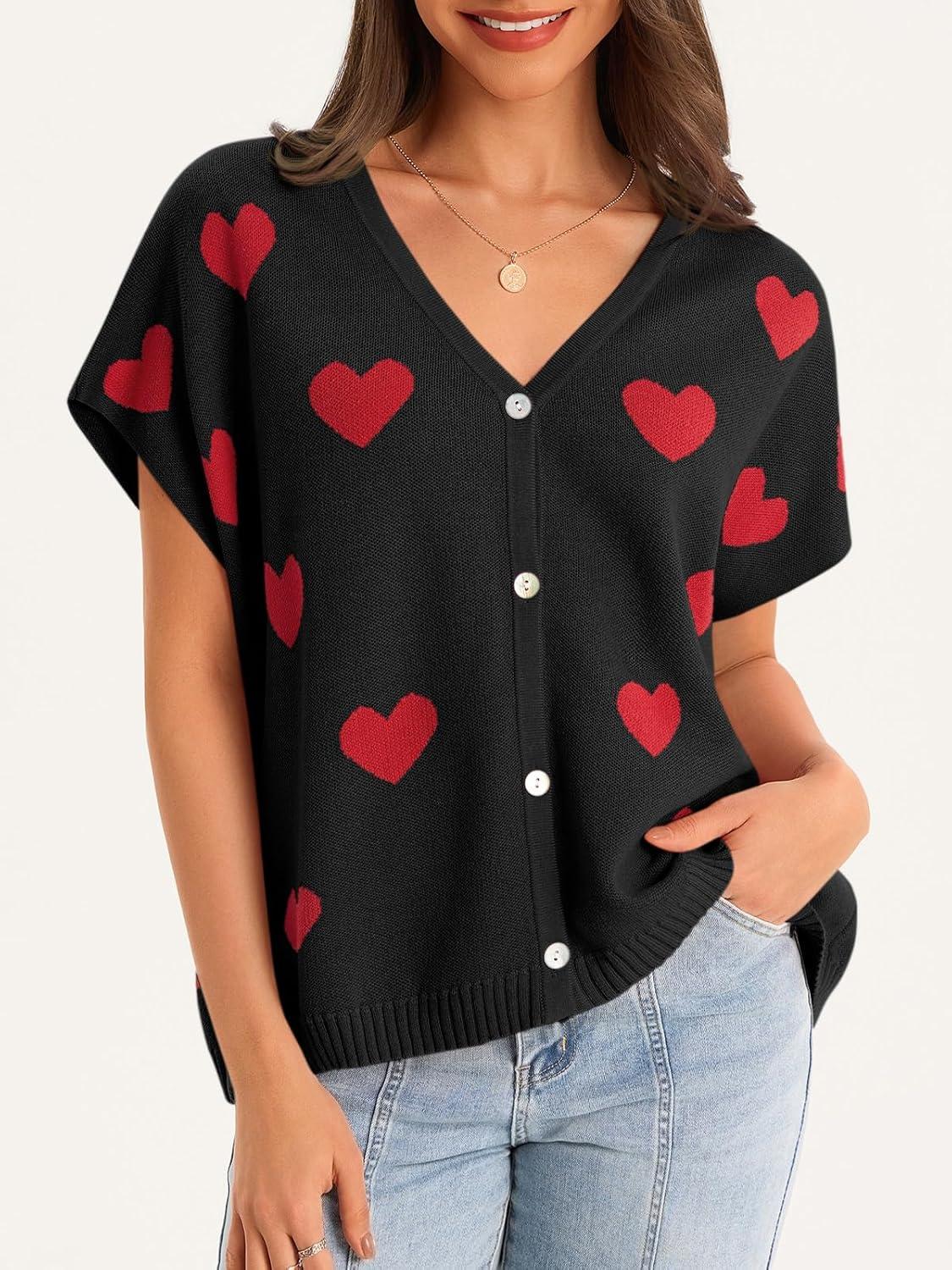 image:imageSaodimallsu Womens Spring Oversized Cardigans Batwing Short Sleeve Lightweight Button V Neck Casual Knit Sweater TopsHeartblack