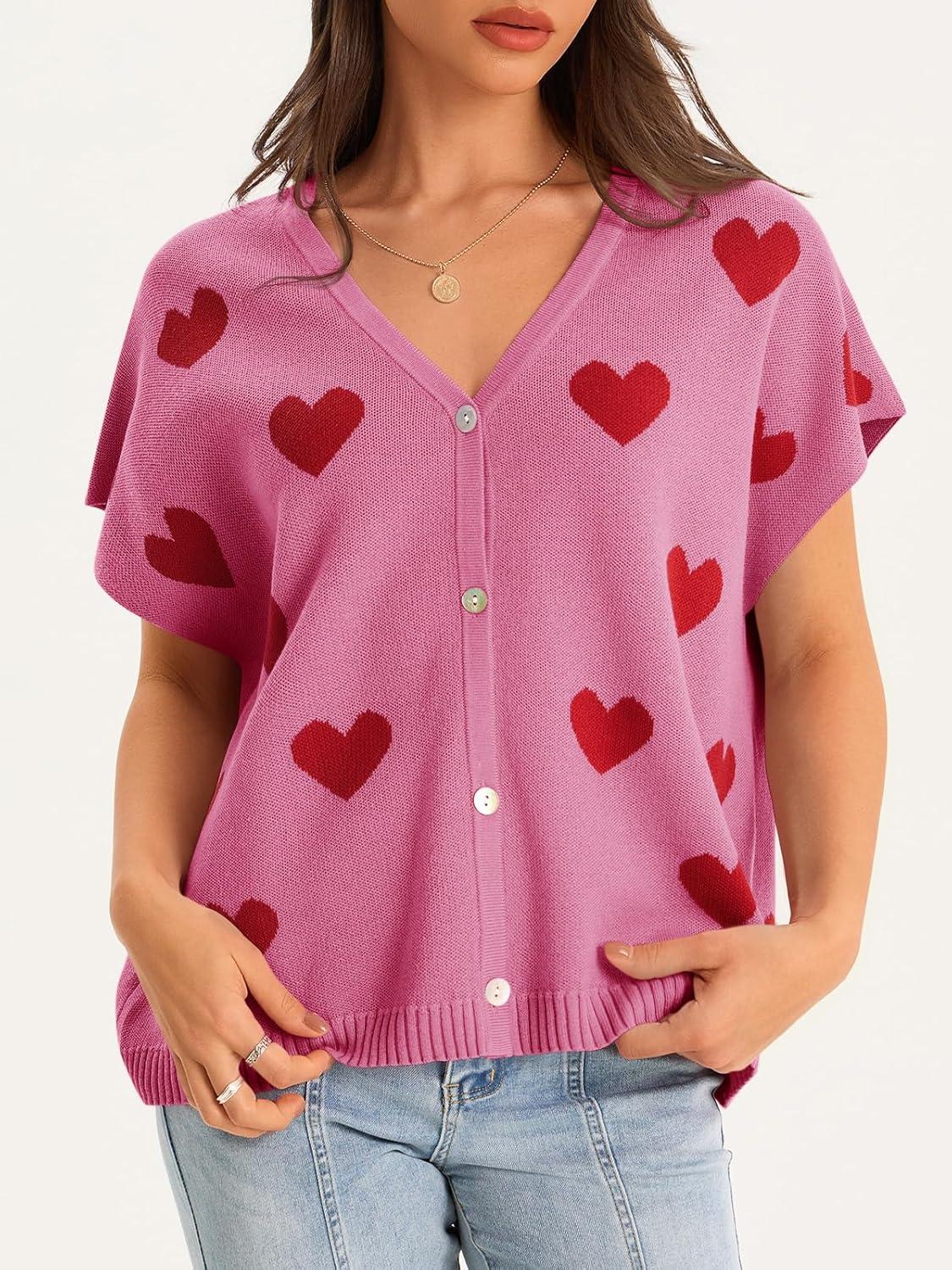 image:imageSaodimallsu Womens Spring Oversized Cardigans Batwing Short Sleeve Lightweight Button V Neck Casual Knit Sweater TopsHeartrose Red