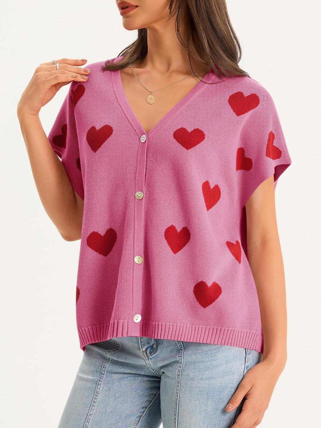 image:imageSaodimallsu Womens Spring Oversized Cardigans Batwing Short Sleeve Lightweight Button V Neck Casual Knit Sweater TopsHeartrose Red