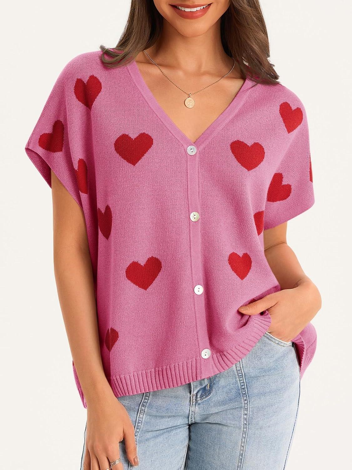 image:imageSaodimallsu Womens Spring Oversized Cardigans Batwing Short Sleeve Lightweight Button V Neck Casual Knit Sweater TopsHeartrose Red