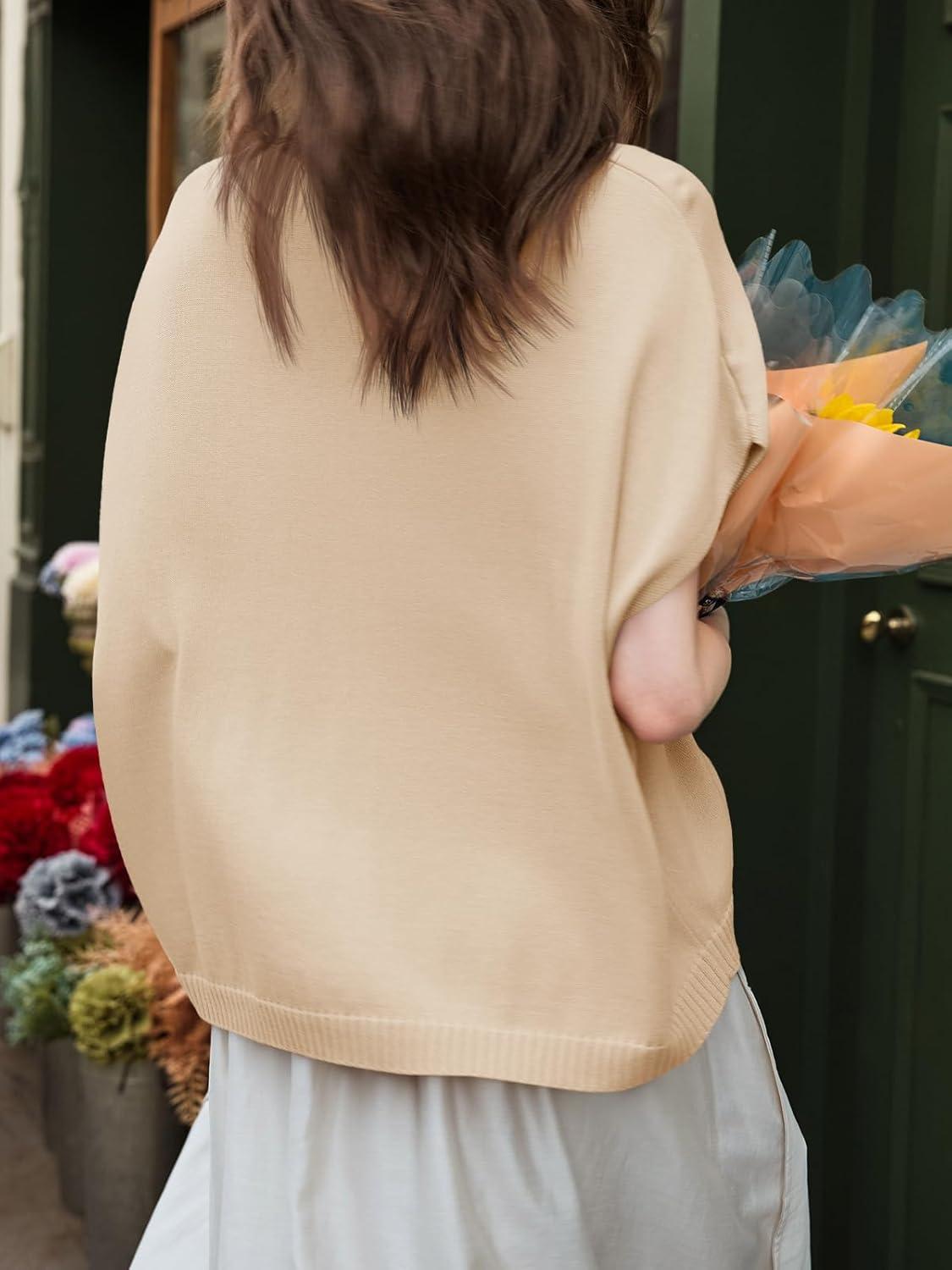 image:imageSaodimallsu Womens Spring Oversized Cardigans Batwing Short Sleeve Lightweight Button V Neck Casual Knit Sweater TopsKhaki