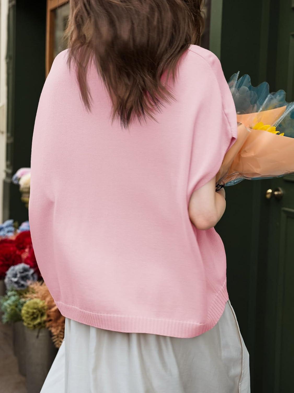 image:imageSaodimallsu Womens Spring Oversized Cardigans Batwing Short Sleeve Lightweight Button V Neck Casual Knit Sweater TopsPink