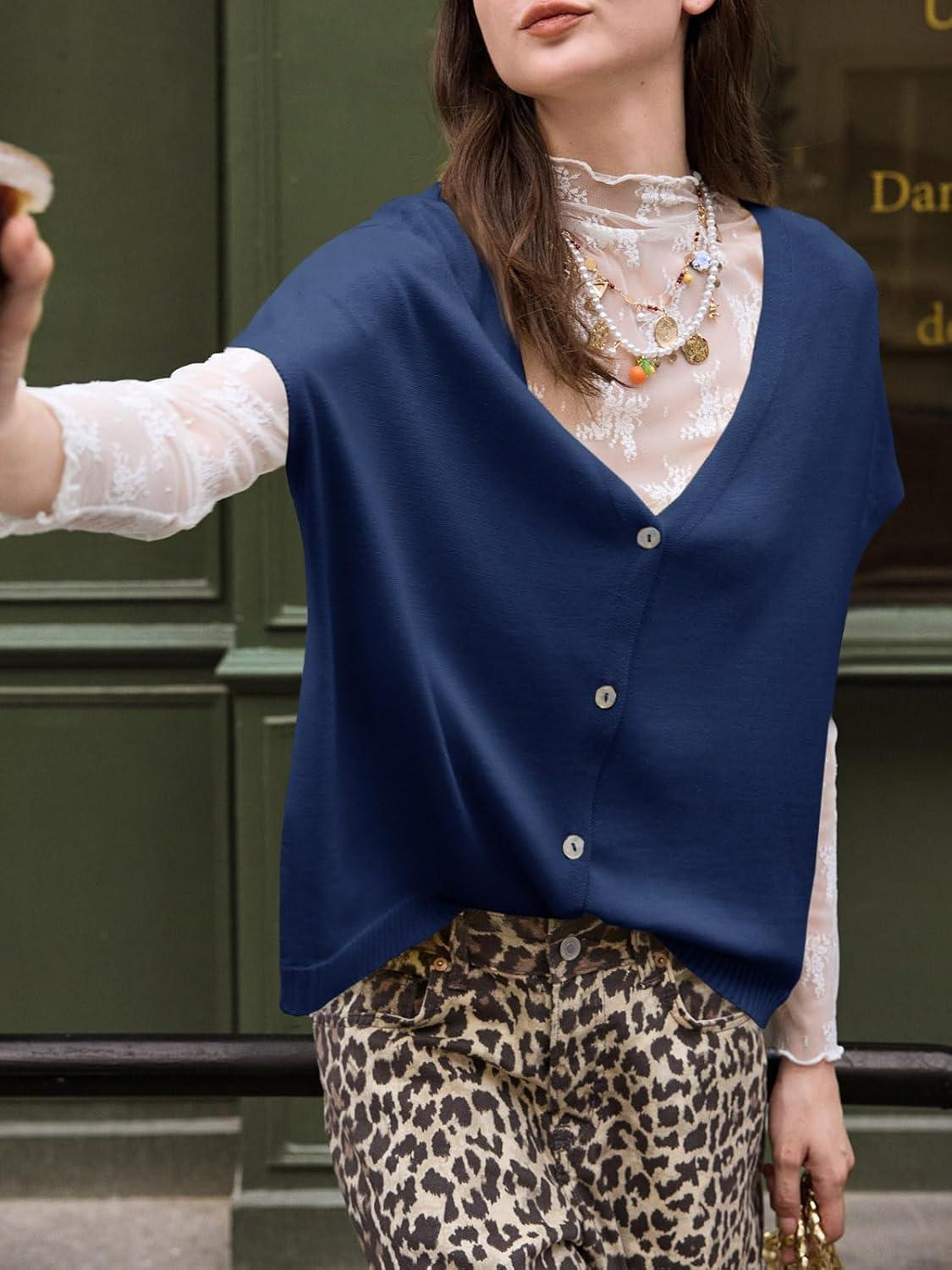image:imageSaodimallsu Womens Spring Oversized Cardigans Batwing Short Sleeve Lightweight Button V Neck Casual Knit Sweater TopsPurplish Blue