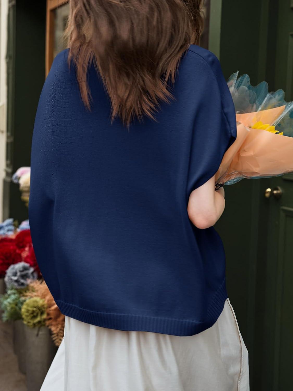 image:imageSaodimallsu Womens Spring Oversized Cardigans Batwing Short Sleeve Lightweight Button V Neck Casual Knit Sweater TopsPurplish Blue