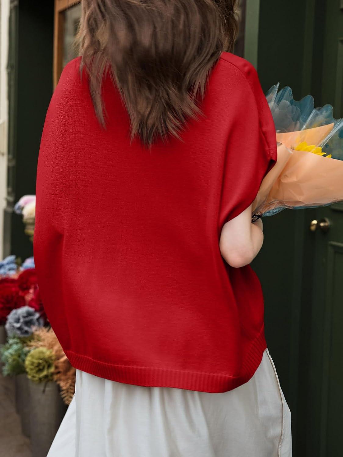 image:imageSaodimallsu Womens Spring Oversized Cardigans Batwing Short Sleeve Lightweight Button V Neck Casual Knit Sweater TopsRed