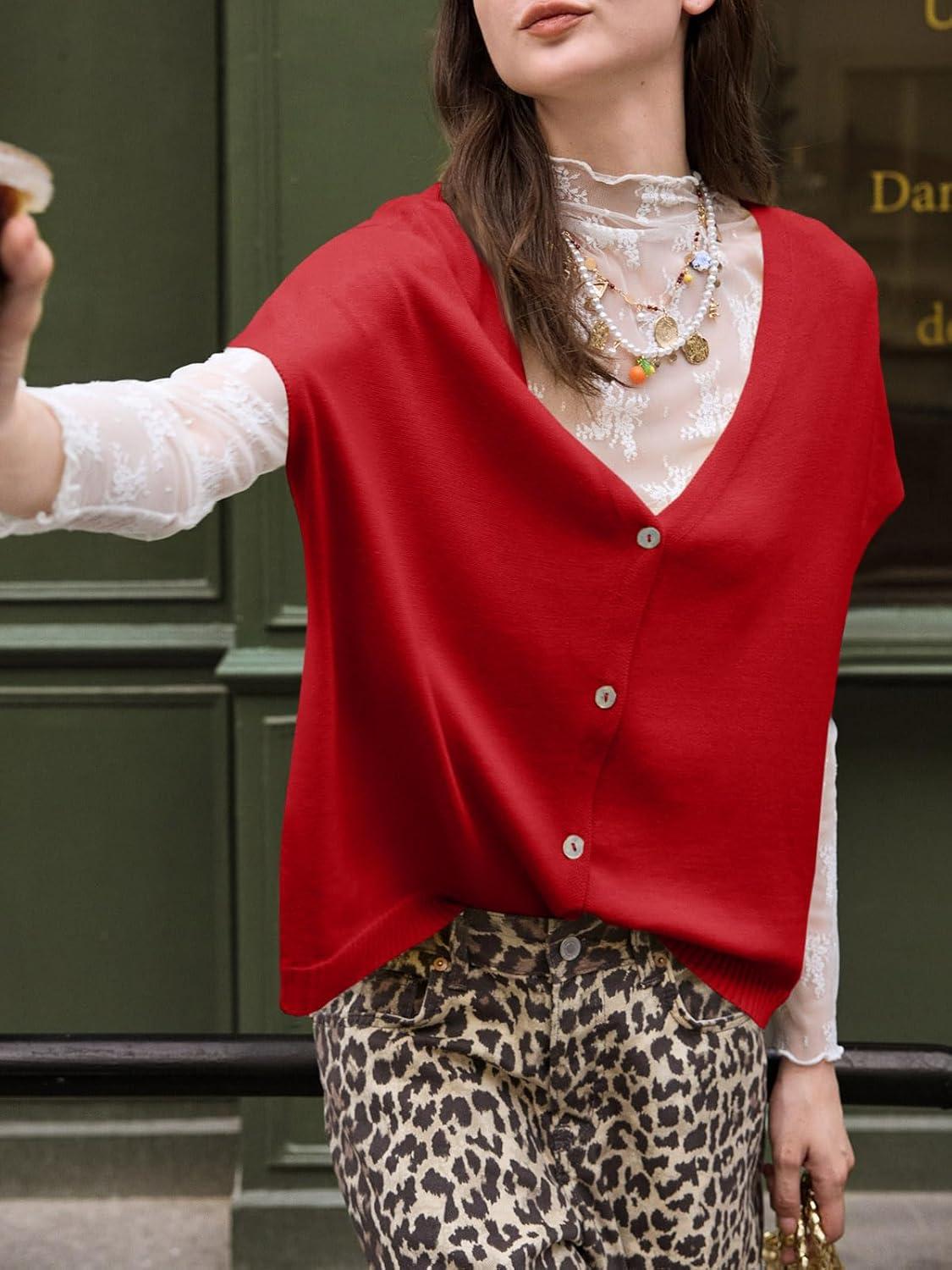 image:imageSaodimallsu Womens Spring Oversized Cardigans Batwing Short Sleeve Lightweight Button V Neck Casual Knit Sweater TopsRed