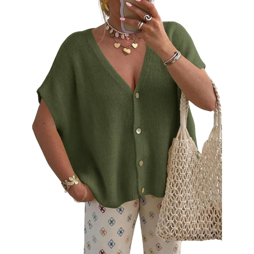 image:imageSaodimallsu Womens Spring Oversized Cardigans Batwing Short Sleeve Lightweight Button V Neck Casual Knit Sweater TopsArmy Green
