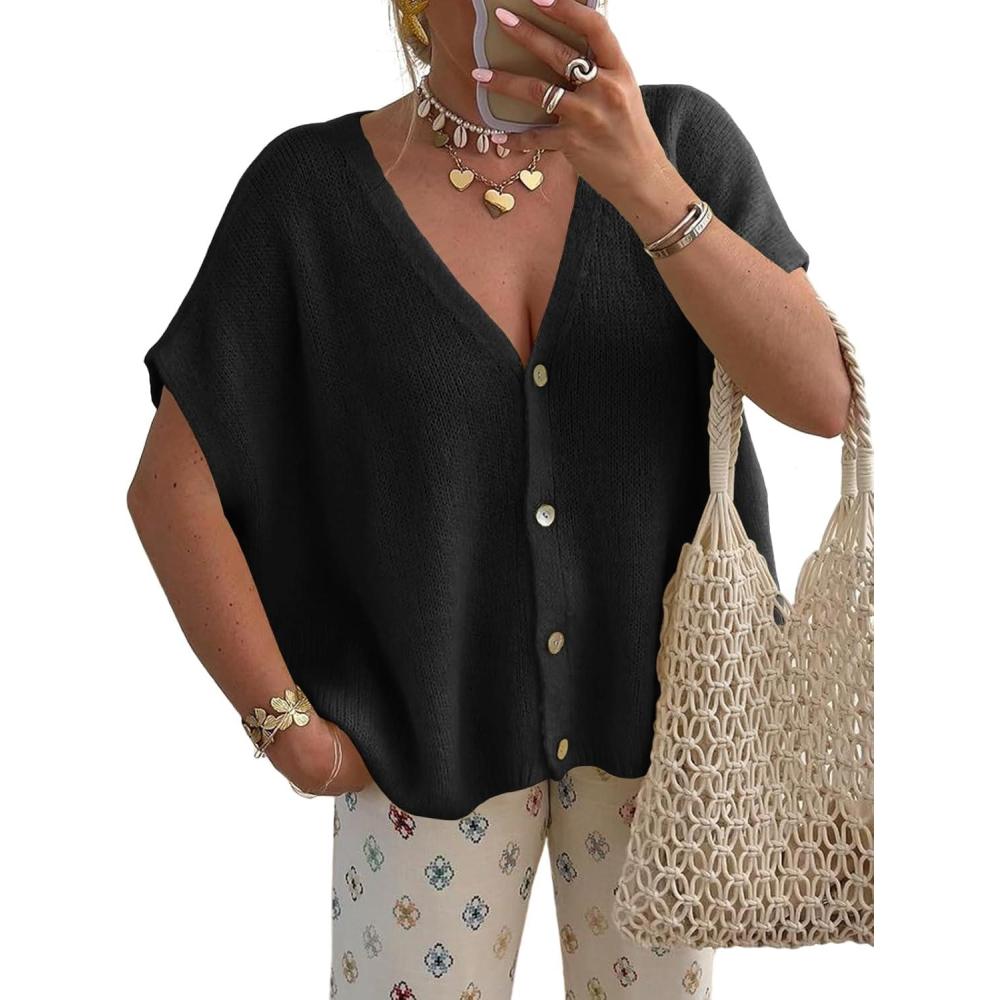 image:imageSaodimallsu Womens Spring Oversized Cardigans Batwing Short Sleeve Lightweight Button V Neck Casual Knit Sweater TopsBlack
