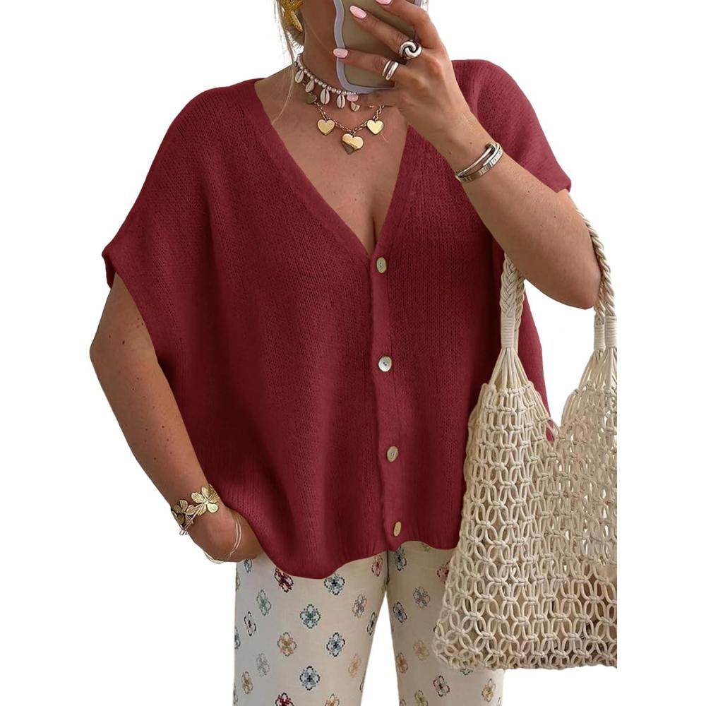 image:imageSaodimallsu Womens Spring Oversized Cardigans Batwing Short Sleeve Lightweight Button V Neck Casual Knit Sweater TopsBurgundy