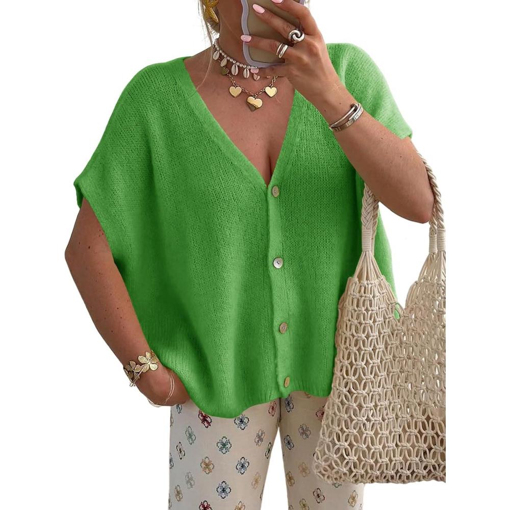 image:imageSaodimallsu Womens Spring Oversized Cardigans Batwing Short Sleeve Lightweight Button V Neck Casual Knit Sweater TopsGrass Green