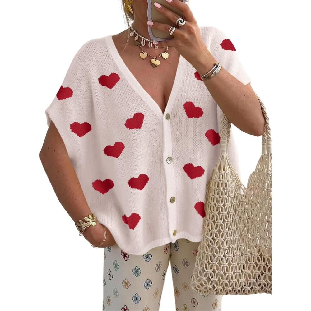 image:imageSaodimallsu Womens Spring Oversized Cardigans Batwing Short Sleeve Lightweight Button V Neck Casual Knit Sweater TopsHeartwhite