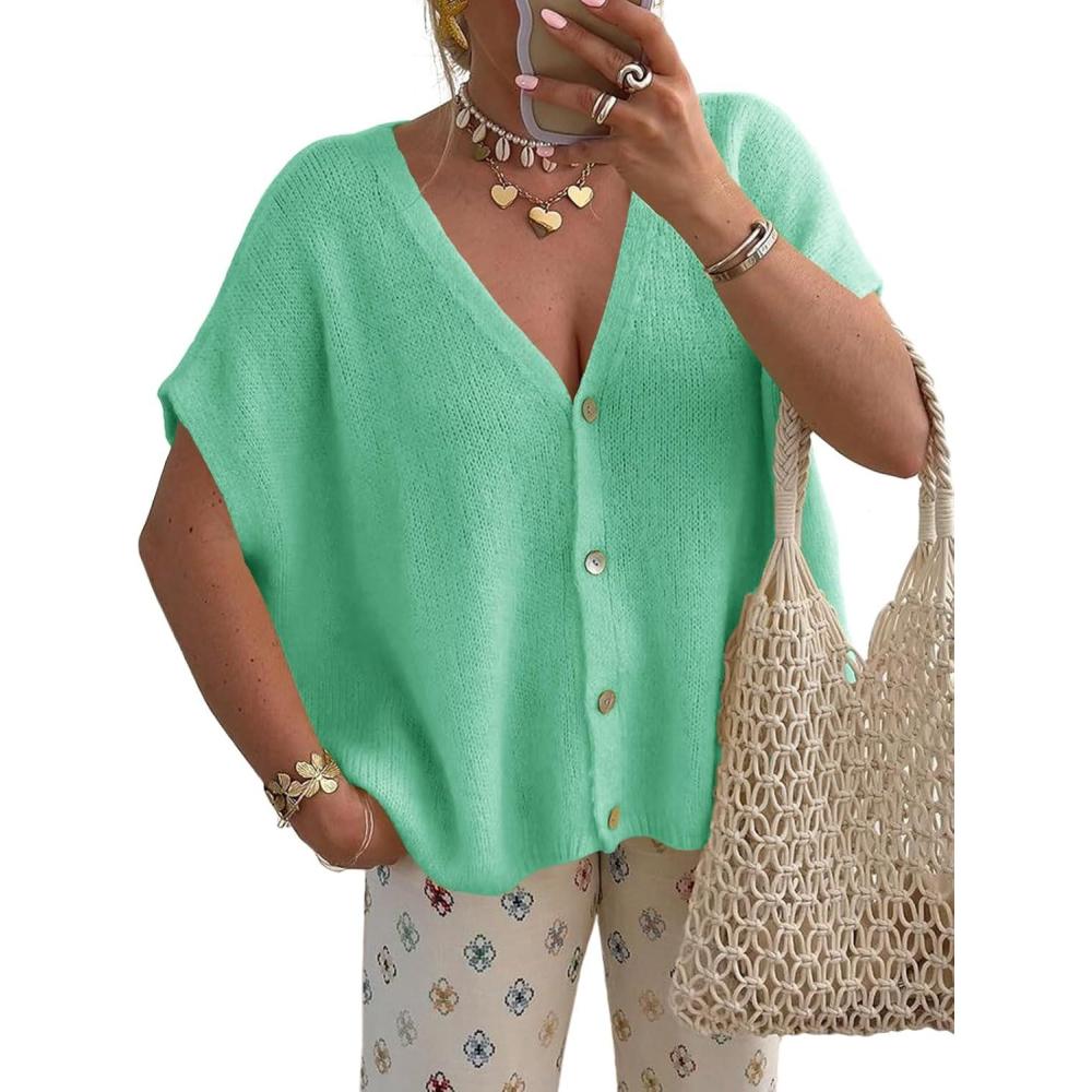 image:imageSaodimallsu Womens Spring Oversized Cardigans Batwing Short Sleeve Lightweight Button V Neck Casual Knit Sweater TopsMint Green