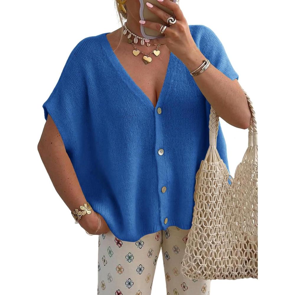 image:imageSaodimallsu Womens Spring Oversized Cardigans Batwing Short Sleeve Lightweight Button V Neck Casual Knit Sweater TopsNavy
