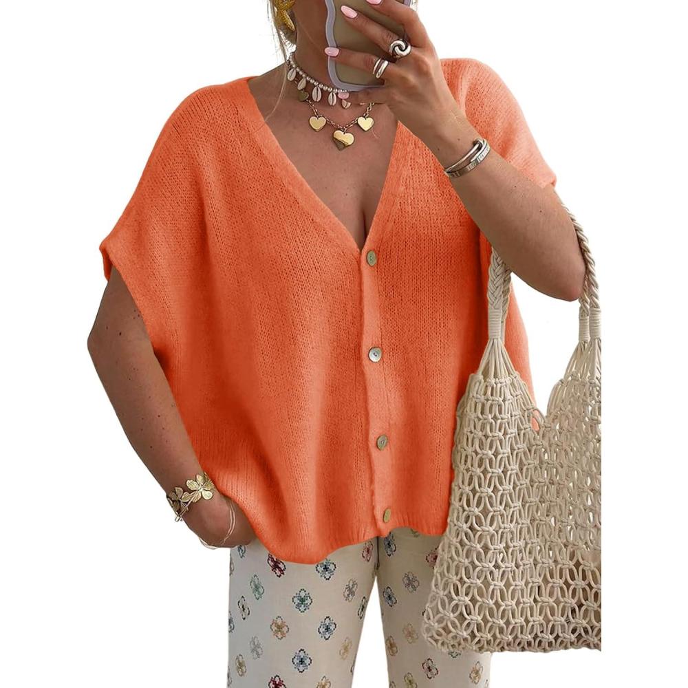 image:imageSaodimallsu Womens Spring Oversized Cardigans Batwing Short Sleeve Lightweight Button V Neck Casual Knit Sweater TopsOrange