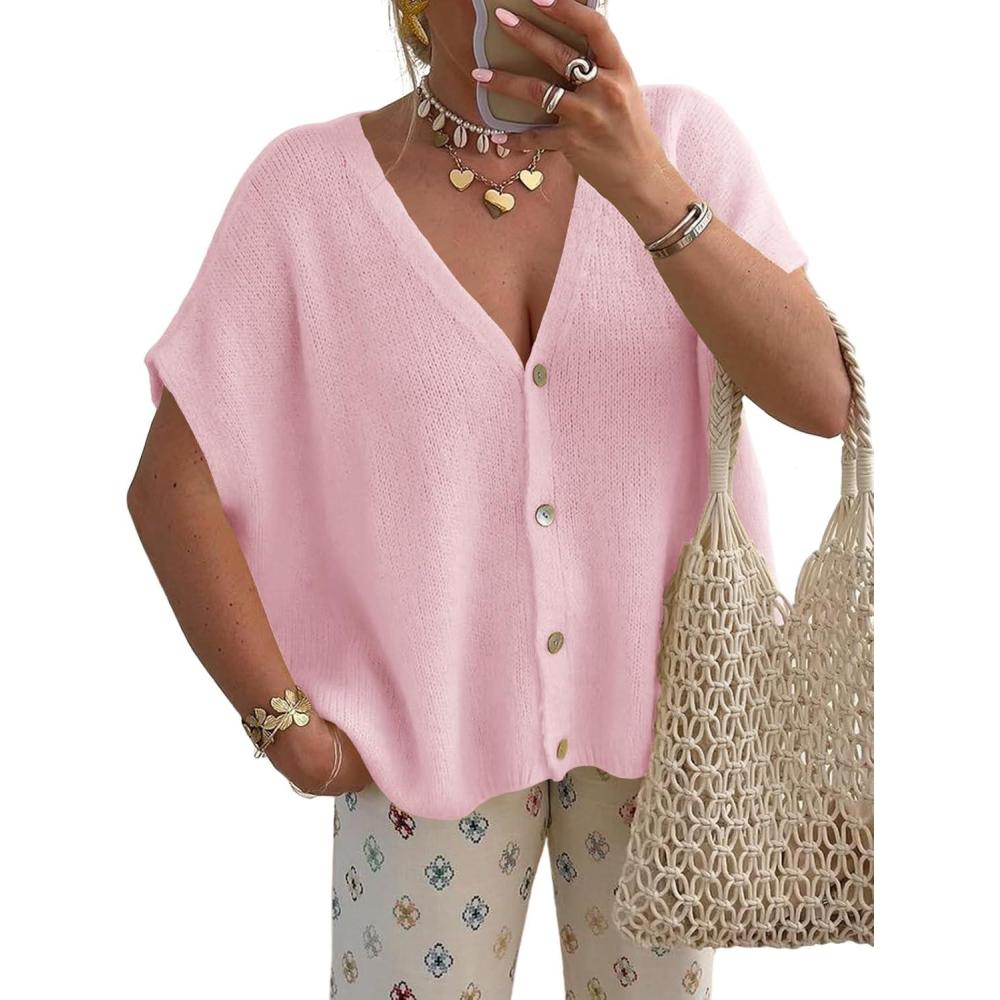 image:imageSaodimallsu Womens Spring Oversized Cardigans Batwing Short Sleeve Lightweight Button V Neck Casual Knit Sweater TopsPink