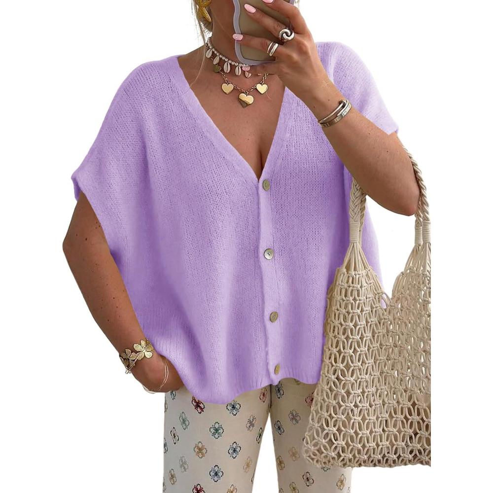image:imageSaodimallsu Womens Spring Oversized Cardigans Batwing Short Sleeve Lightweight Button V Neck Casual Knit Sweater TopsPurple