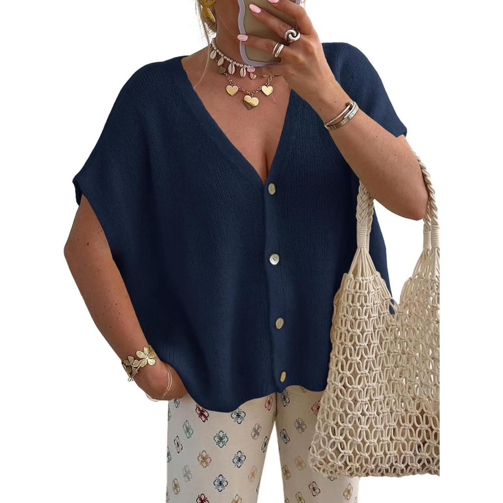 image:imageSaodimallsu Womens Spring Oversized Cardigans Batwing Short Sleeve Lightweight Button V Neck Casual Knit Sweater TopsPurplish Blue