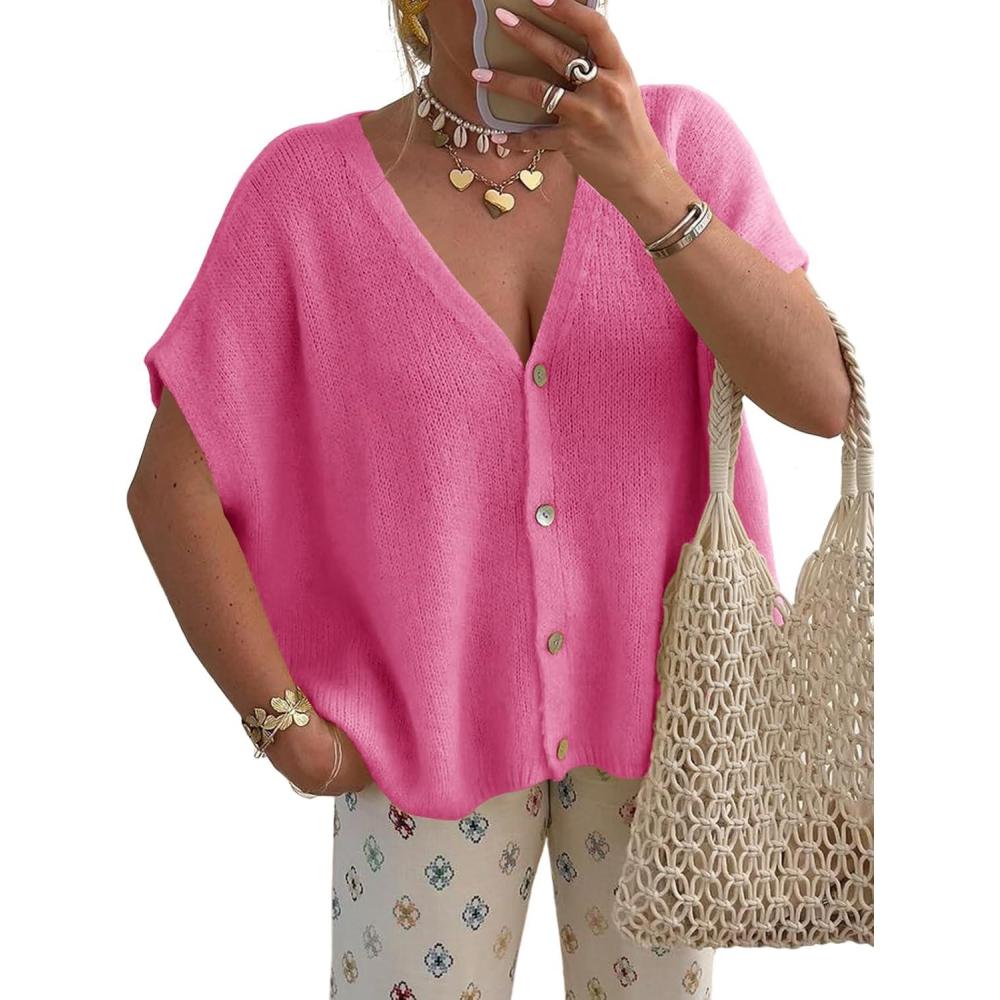image:imageSaodimallsu Womens Spring Oversized Cardigans Batwing Short Sleeve Lightweight Button V Neck Casual Knit Sweater TopsRose Red