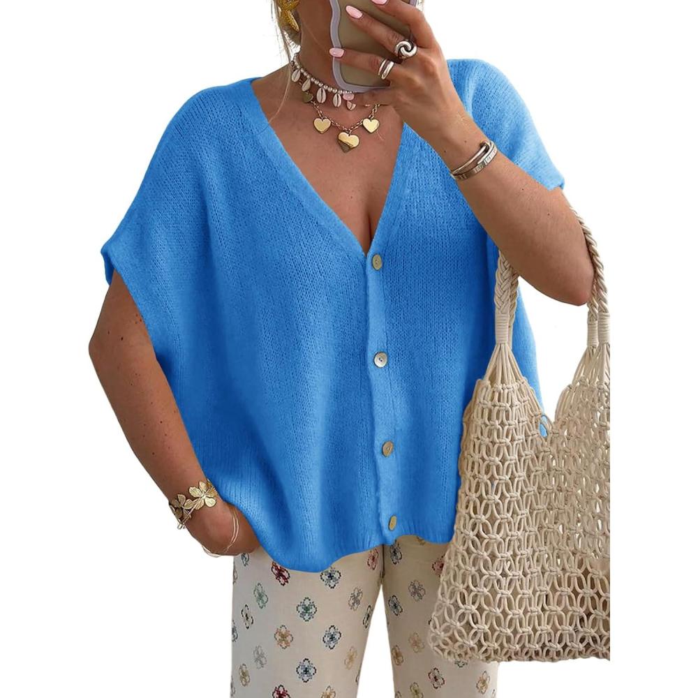 image:imageSaodimallsu Womens Spring Oversized Cardigans Batwing Short Sleeve Lightweight Button V Neck Casual Knit Sweater TopsRoyal Blue