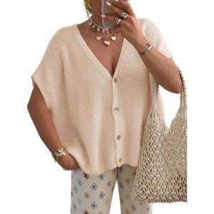 Saodimallsu Womens Spring Oversized Cardigans Batwing Short Sleeve Lightweight Button V Neck Casual Knit Sweater Tops(Apricot)
