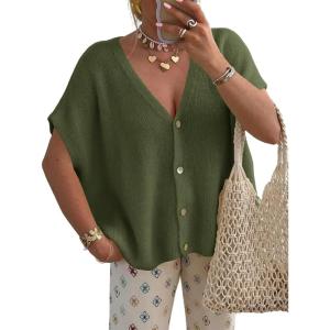 Saodimallsu Womens Spring Oversized Cardigans Batwing Short Sleeve Lightweight Button V Neck Casual Knit Sweater Tops(Army Green)