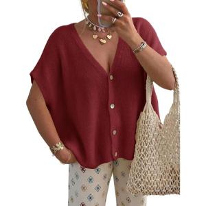Saodimallsu Womens Spring Oversized Cardigans Batwing Short Sleeve Lightweight Button V Neck Casual Knit Sweater Tops(Burgundy)