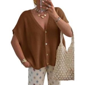 Saodimallsu Womens Spring Oversized Cardigans Batwing Short Sleeve Lightweight Button V Neck Casual Knit Sweater Tops(Camel)
