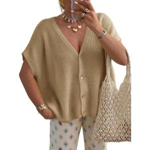 Saodimallsu Womens Spring Oversized Cardigans Batwing Short Sleeve Lightweight Button V Neck Casual Knit Sweater Tops(Dark Khaki)