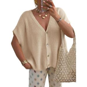 Saodimallsu Womens Spring Oversized Cardigans Batwing Short Sleeve Lightweight Button V Neck Casual Knit Sweater Tops(Khaki)