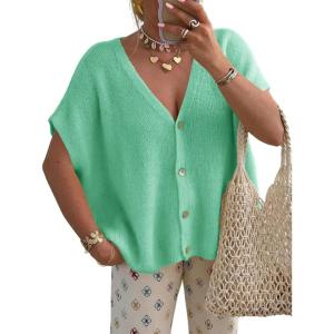 Saodimallsu Womens Spring Oversized Cardigans Batwing Short Sleeve Lightweight Button V Neck Casual Knit Sweater Tops(Mint Green)