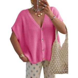 Saodimallsu Womens Spring Oversized Cardigans Batwing Short Sleeve Lightweight Button V Neck Casual Knit Sweater Tops(Rose Red)