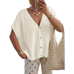 Saodimallsu Womens Spring Oversized Cardigans Batwing Short Sleeve Lightweight Button V Neck Casual Knit Sweater Tops(White)