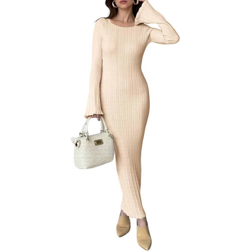 image:imageSaodimallsu Womens Long Sleeve Bodycon Maxi Dress Ribbed Knit Ruffle Crewneck Elegant Slimming Long Sweater DressesBeige