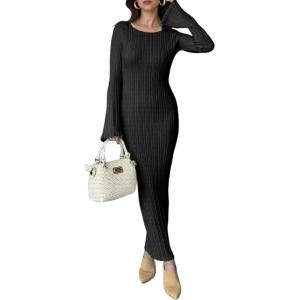 Saodimallsu Womens Long Sleeve Bodycon Maxi Dress Ribbed Knit Ruffle Crewneck Elegant Slimming Long Sweater Dresses(Black)