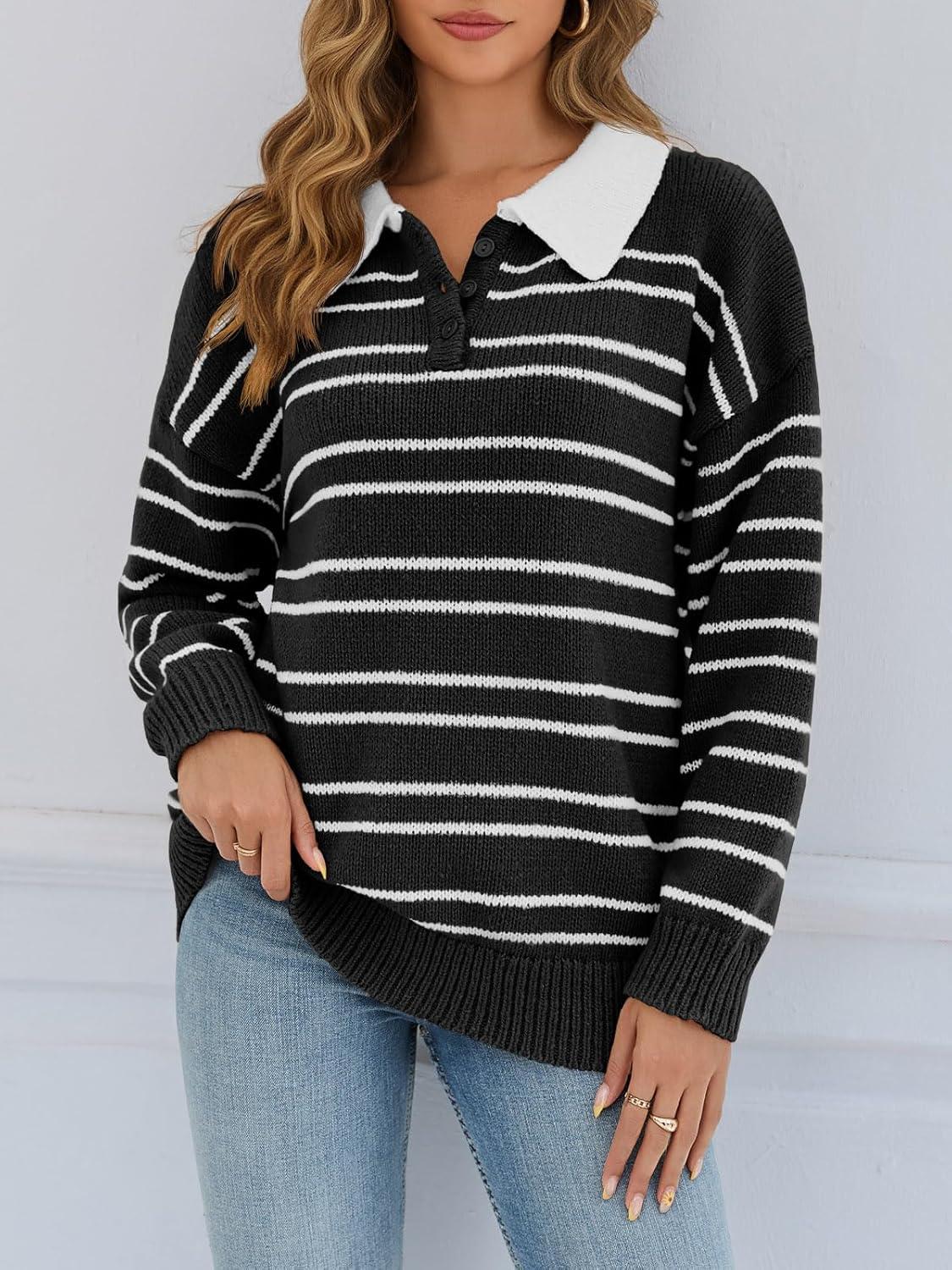 image:imageSaodimallsu Womens Striped Sweaters Button Collared Polo Shirts Oversized Long Sleeve Chunky Knit Trendy Pullover TopsBlack