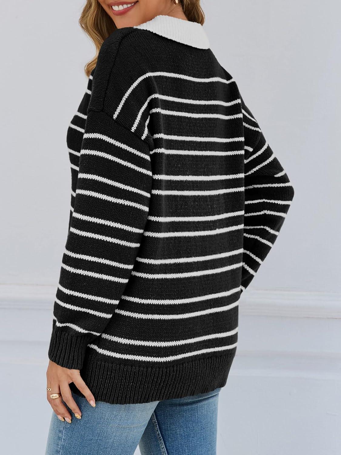 image:imageSaodimallsu Womens Striped Sweaters Button Collared Polo Shirts Oversized Long Sleeve Chunky Knit Trendy Pullover TopsBlack