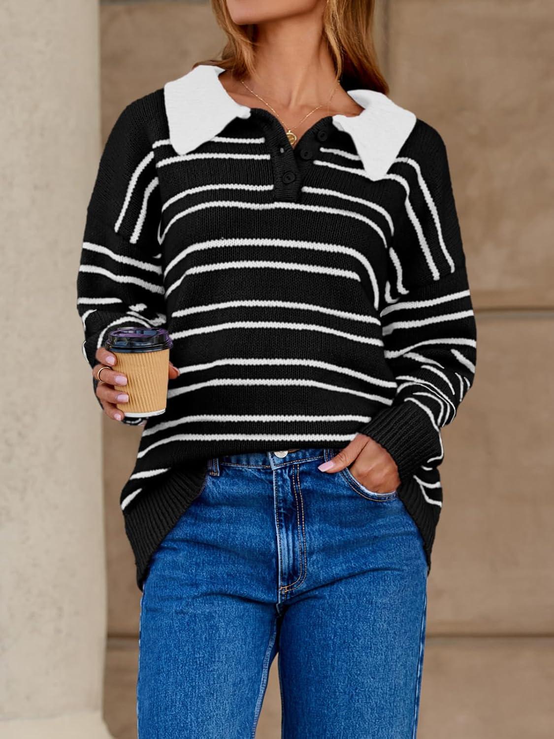 image:imageSaodimallsu Womens Striped Sweaters Button Collared Polo Shirts Oversized Long Sleeve Chunky Knit Trendy Pullover TopsBlack