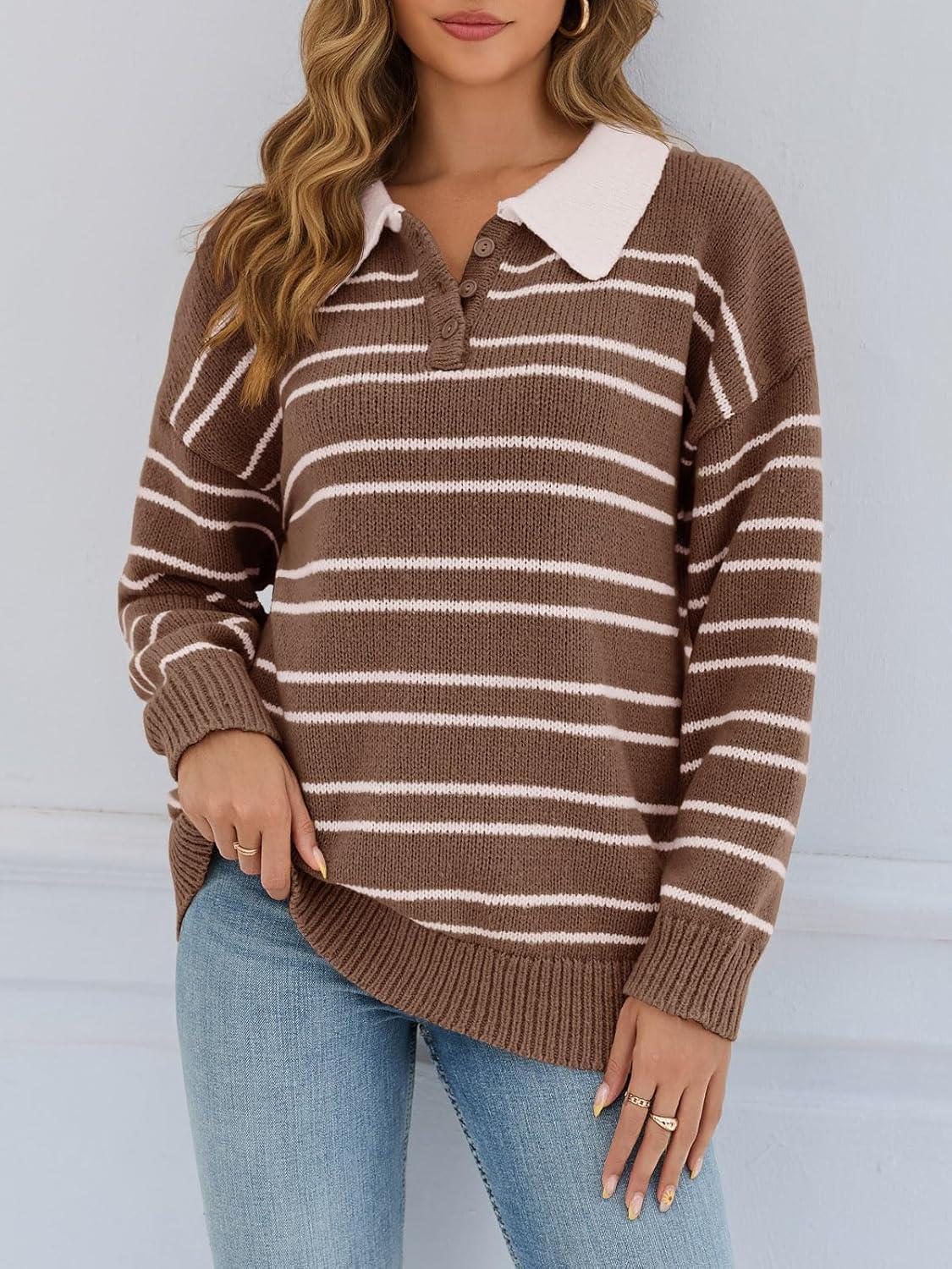 image:imageSaodimallsu Womens Striped Sweaters Button Collared Polo Shirts Oversized Long Sleeve Chunky Knit Trendy Pullover TopsBrown