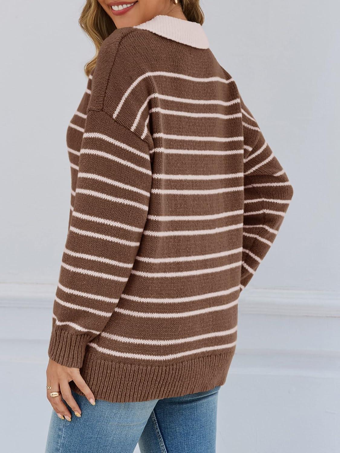 image:imageSaodimallsu Womens Striped Sweaters Button Collared Polo Shirts Oversized Long Sleeve Chunky Knit Trendy Pullover TopsBrown