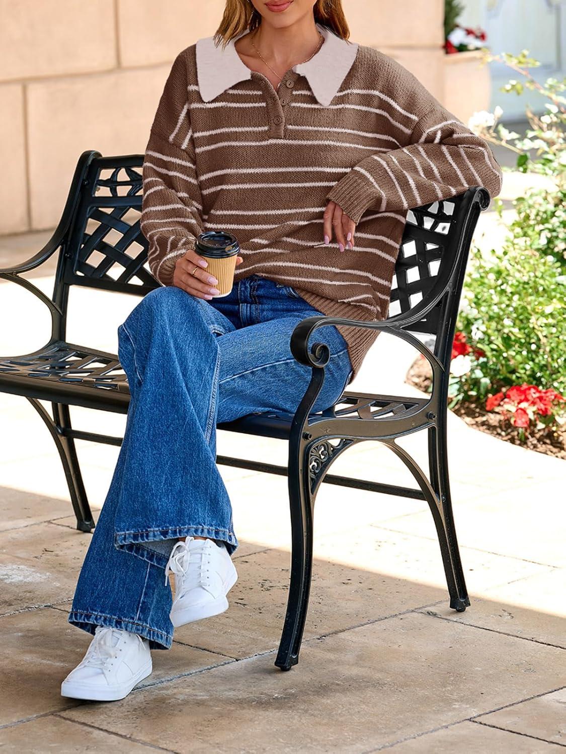 image:imageSaodimallsu Womens Striped Sweaters Button Collared Polo Shirts Oversized Long Sleeve Chunky Knit Trendy Pullover TopsBrown